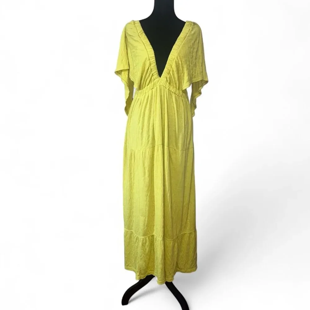 Free People Beach Women's Lime Green Yellow Tiered Maxi Beach Dress SZ M